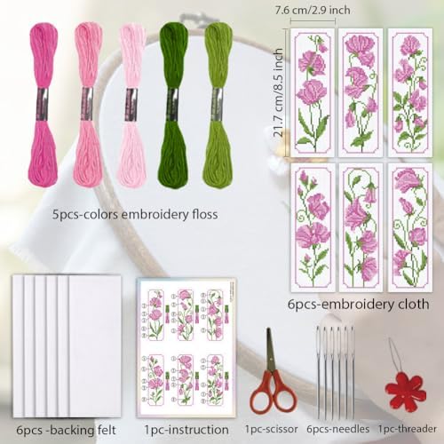 ORIGACH 6 Set Pea Flower Cross Stitch Bookmark Kit for Beginner - Image 2