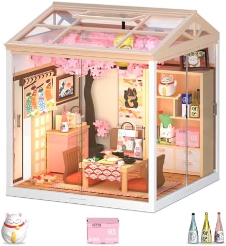 Sakura Izakaya Miniature House Kit, DIY Japan Street Style Dollhouse Kits with LED Light & Mini Furniture, Creative Gift for Women Teens Who Love Cherry Blossom Decor by BeepZipp