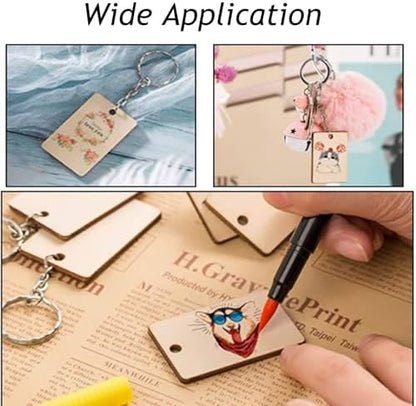 QMTSINEW 100Pcs Blank Rectangle-Shaped Wooden Keychain Set,Unfinished Wood Pieces with Key Rings and Hemp Rope,Personalized Wood Keychain,Key Tags DIY Keychain Supplies for Holiday Craft Projects, Han - Image 5