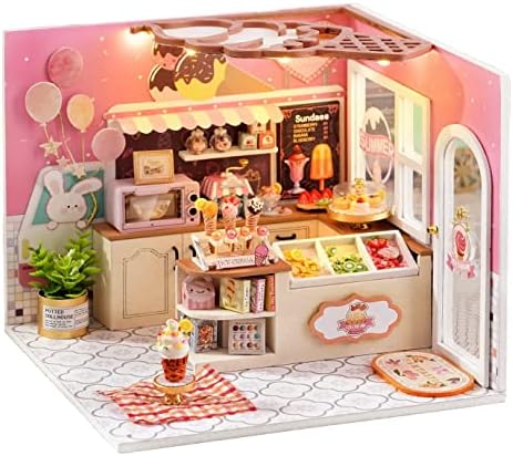 CUTEROOM DIY Miniature House Kit - Mini Craft Rooms for Adults with LED Lights, Realistic Mini Dollhouse Kit Building Model Kit, Creative Home Decor Gift- Ice Cream Shop by CUTEROOM