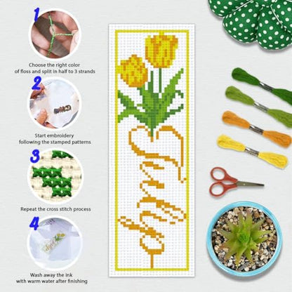 BEUNITONE 6 PCS Cross Stitch Bookmark Kit for Adults Beginners,Text and Flowers Pre-Printed Cross Stitch,DIY Stamped Embroidery Bookmark Kits,with Instructions,Craft Kit for Book Lovers 8.5''x3'' - Image 4