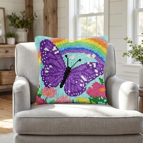 DIY Latch Hook Kit,17''x17'' Butterfly Rainbow Throw Pillow Case Craft Set Handmade Gift for Adults Beginners,Complete Pre-Printed Latch Hook Rug Kits Cross Stitch Pillow Cover for Home Sofa Decor - Image 7