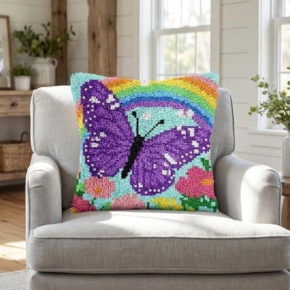 DIY Latch Hook Kit,17''x17'' Butterfly Rainbow Throw Pillow Case Craft Set Handmade Gift for Adults Beginners,Complete Pre-Printed Latch Hook Rug Kits Cross Stitch Pillow Cover for Home Sofa Decor - Image 7