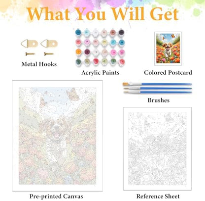 Paint by Numbers Kit for Adults, Happy Puppy & Tulip Design, 16x20 Inch - Image 5