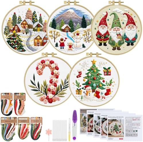 ERKOON Embroidery Kit for Beginners, 5 Sets Christmas Cross Stitch Set for Adults Include Embroidery Cloth Hoops Threads for Craft Lover Hand Stitch with Skill Techniques (Christmas#2) by ERKOON