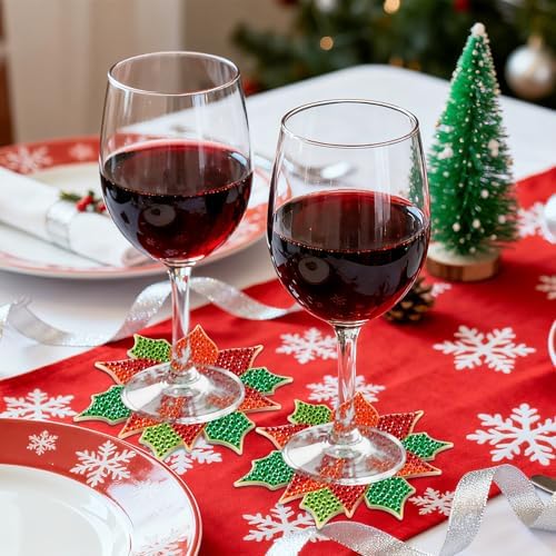 UPINS 8Pcs Christmas Diamond Art Painting Coaster Kit, Poinsettia Coaster Christmas Red Flower Coasters with Holder for Xms DIY Crafts Gifts Holiday Home Kitchen Table Decor - Image 3