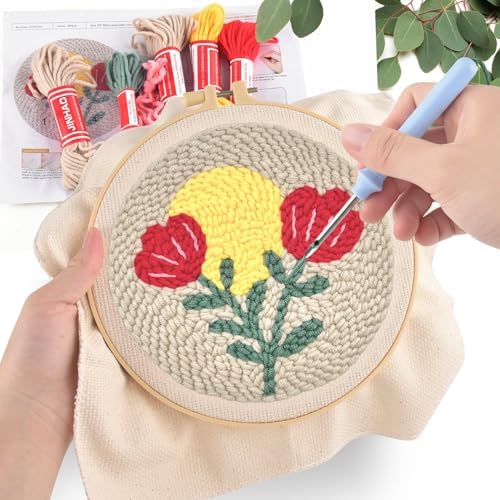 ERKOON Punch Needle Kit Adults Beginners, 2 Pcs DIY Easy Floral Embroidery Set for Starter Art Craft, Needling Punching Project with Patterns, Tools, Yarns, Hoop, Instruction (Rose) - Image 5