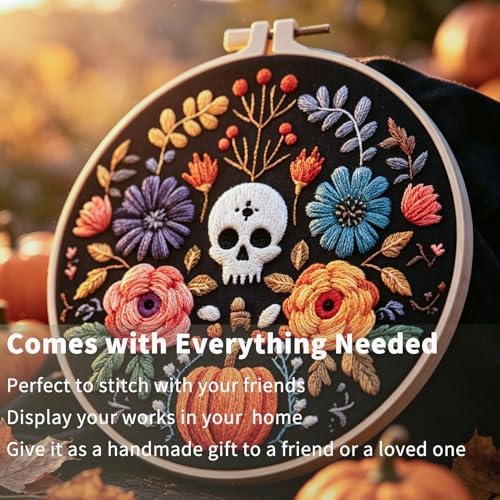 FONNUY Halloween Embroidery Kits for Beginners,Skull Pumpkin Spider Web Floral Stamped Cross Stitch Kit for Adults, Spooky Season Boho Wall Decor, 8'' Hoop (Skull 2) - Image 3