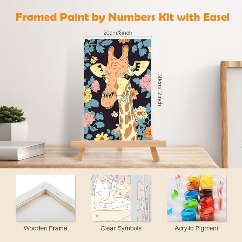 MOGTAA Paint by Numbers Kit for Adults with Frame, Giraffe Paint by Number Canvas, Flowers Paint by Numbers with Easel, DIY Animal Oil Painting Kit for Home Wall Decor 8 x 12 Inch - Image 2