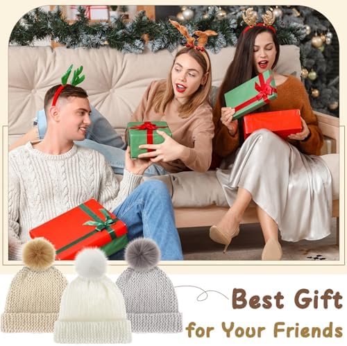 Syhood Hat Knit Set with Yarn Bamboo Needle Pom,White, Khaki White, Khaki - Image 7