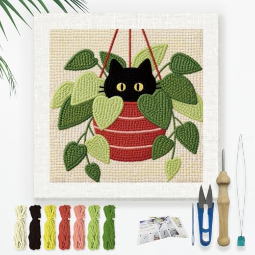 DOODLREAM Hanging Pothos Plant Cat Needle Kit for Beginner, 9.4"x 9.4" Boho Houseplant Punch Stitching Craft Set, DIY Embroidery Starter with Printed Frame, Instruction, Threader, Yarn, Punch Needle by Doodlream