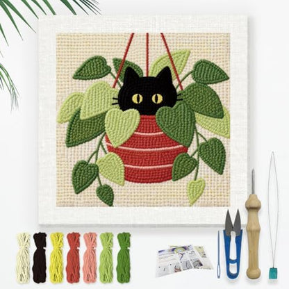 DOODLREAM Hanging Pothos Plant Cat Needle Kit for Beginner, 9.4"x 9.4" Boho Houseplant Punch Stitching Craft Set, DIY Embroidery Starter with Printed Frame, Instruction, Threader, Yarn, Punch Needle by Doodlream