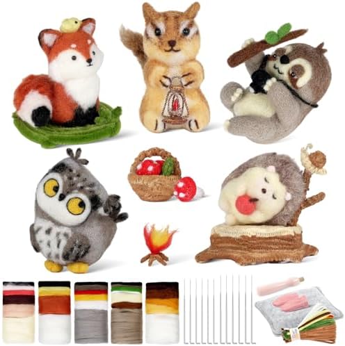 MOREJMTT Needle Felting Kit, 5 PCS Animal Needle Felting Beginner Kits, Wool Felt Needle Felting Tools Foam Pad, Craft Party Supplies for Beginners Adult(Forest Animals) by MOREJMTT