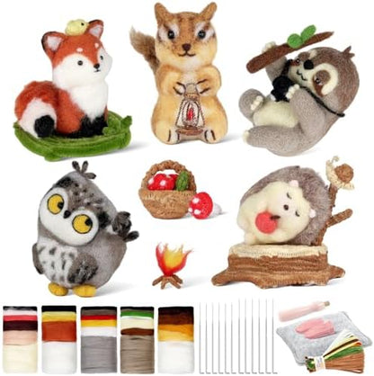 MOREJMTT Needle Felting Kit, 5 PCS Animal Needle Felting Beginner Kits, Wool Felt Needle Felting Tools Foam Pad, Craft Party Supplies for Beginners Adult(Forest Animals) by MOREJMTT