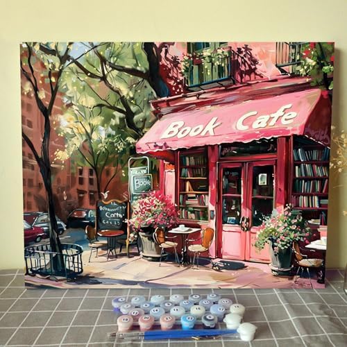 Book Cafe Paint by Numbers Kits for Adult Beginners Watercolor Book Store Paint by Numbers Book Theme Painting Kits on Colored Canvas Art Set Gift for Home Decor Without Framed 16''W x 20''H by Aihonmin