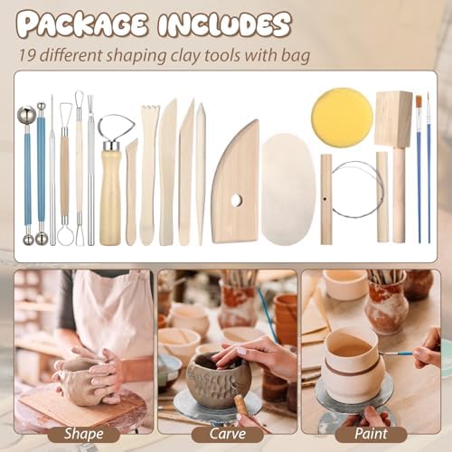25 Pcs Air-Dry 3 Colors Clay Pottery Kit for Beginners Includes 3.31 lb Dry Clay for Adults Air Pottery Tools, Paints, Brushes Modeling DIY Kit for Christmas - Image 3