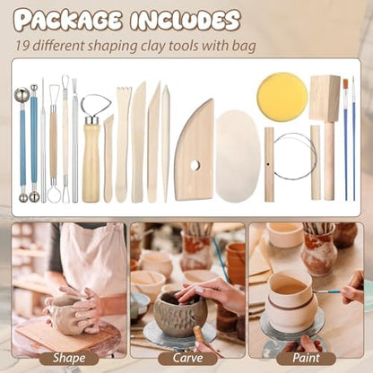 25 Pcs Air-Dry 3 Colors Clay Pottery Kit for Beginners Includes 3.31 lb Dry Clay for Adults Air Pottery Tools, Paints, Brushes Modeling DIY Kit for Christmas - Image 3