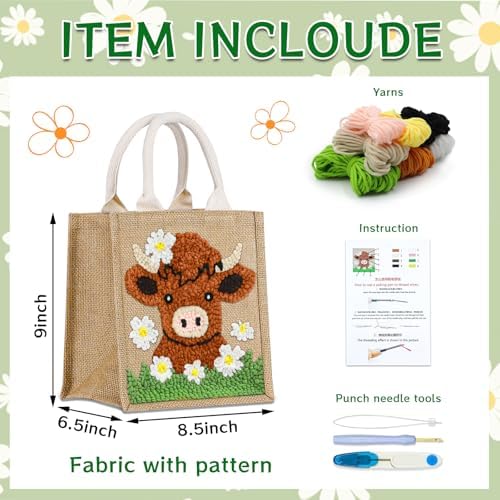 PUNICA Punch Needle Kits for Beginners with Highland Cow Pattern - Burlap Tote Bag for Adults & Kids, DIY Embroidery Starter Kit | Easy Craft Gifts (9x6.5x8.5 Inch) - Image 3