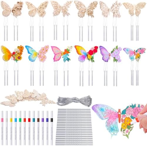 Potchen 18 Sets DIY Wind Chimes Craft Kit Unfinished Wood Art, Butterfly by Potchen
