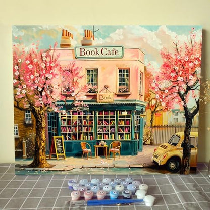 Book Cafe Theme Paint by Numbers Kits for Adult Paint by Numbers Book Store Paint by Numbers Boho Painting Kits on Canvas Art Set for Beginner Gift Home Decor Without Framed 16''W x 20''H by Aihonmin