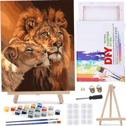 MaiMMaledy Paint by Numbers Kit for Adults Beginners 8Wx12L inch Canvas Pictures with Framed Drawing Painting Works with Wooden Triangle Easel Acrylic Pigment Lion by MaiMMaledy