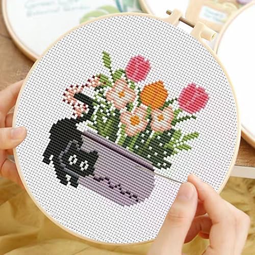 TCDZMYGS 3 Pack Stamped Cross Stitch Kits for Beginners-Plant Cat,with Hoop - Image 7