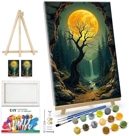 JOOZ Paint by Numbers Kit for Adults with Frame Moon Paint by Number with Easel Tree Adult Paint by Number Kits Framed Canvas Mountain Waterfall Oil Painting Kits for Gift Home Wall Decor 8x12 Inch by Jooz