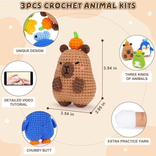 Fortuning's JDS Crochet Kit for Beginners, Crochet Animal Kit Includes Penguin, Capybara & Frog, Complete Starter Kit for Adult, DIY Craft Crochet Kits, Easy Knitting Kit Christmas Gifts - Image 2