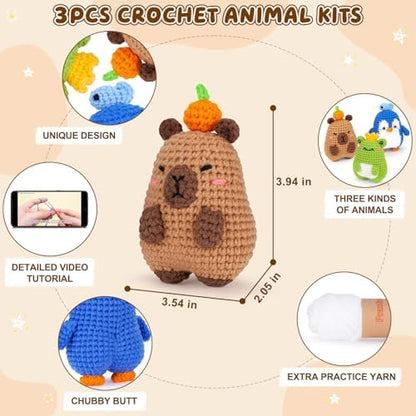 Fortuning's JDS Crochet Kit for Beginners, Crochet Animal Kit Includes Penguin, Capybara & Frog, Complete Starter Kit for Adult, DIY Craft Crochet Kits, Easy Knitting Kit Christmas Gifts - Image 2