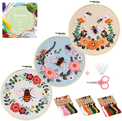 Santune 3 Pack Bee Embroidery Kit for Beginners Adult Cross Stitch Kits Hand Embroidery with Animal Patterns and Instructions,DIY Sets for Women with Hoop,Threads and Needles by Santune
