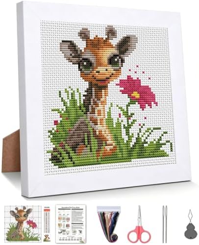 Cute Giraffe Stamped Cross Stitch Kits for Beginners Adults with Framed by WUSARPLY