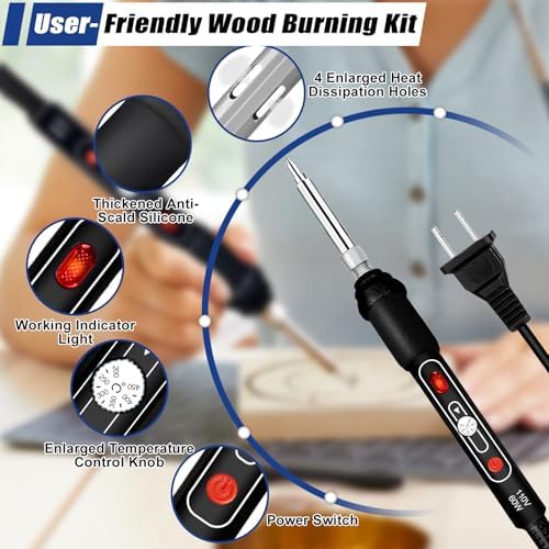 Wood Burning Kit, 163 Pcs Wood Burner Tool Kit with letters and numbers, Pyrography Pen with Adjustable Temperature Control Various Tips Stencils, Woodworking Leather Embossing Carving Soldering-black - Image 5