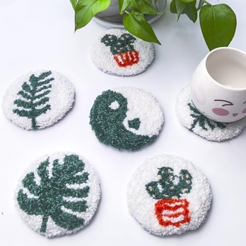 Avtytsda 6PCS Punch Needle Coaster Kit,Easy Punch Needle DIY Embroidery Set with Tools, Yarns, Hoop, Instructions Easy for Beginners, Kids, Adults, Handmade Gift and Decoration (Green and Vibrant) - Image 3