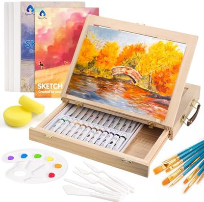 Watercolor Paint Set with Wooden Tabletop Easel, Portable Painting Supplies by Vigorfun