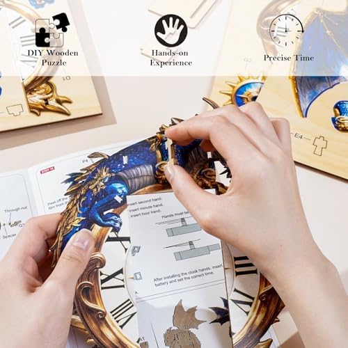 3D Puzzles for Adults, Blue Dragon Wall Clock 3D Wooden Puzzles Clock Kits for DIY Birthday Gift for Women Men Home Decor Holiday Christmas - Image 4