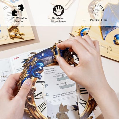 3D Puzzles for Adults, Blue Dragon Wall Clock 3D Wooden Puzzles Clock Kits for DIY Birthday Gift for Women Men Home Decor Holiday Christmas - Image 4
