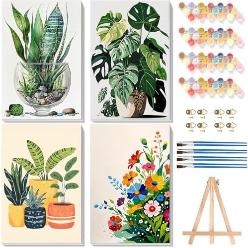 4 Pack Plant Paint by Numbers for Adults with Framed Canvas - Wooden Easel by xackcme