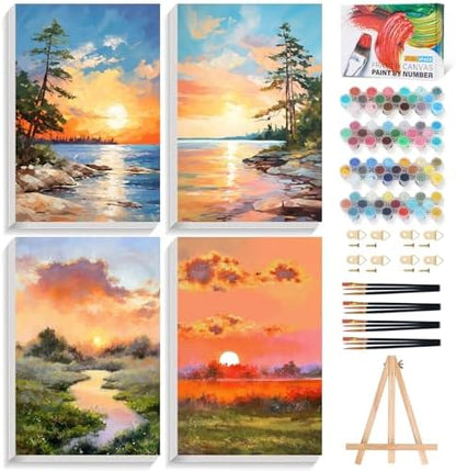 4 Pack Framed Paint by Numbers Kit for Adults with Wooden Easel 8x12 Inch by Fountor