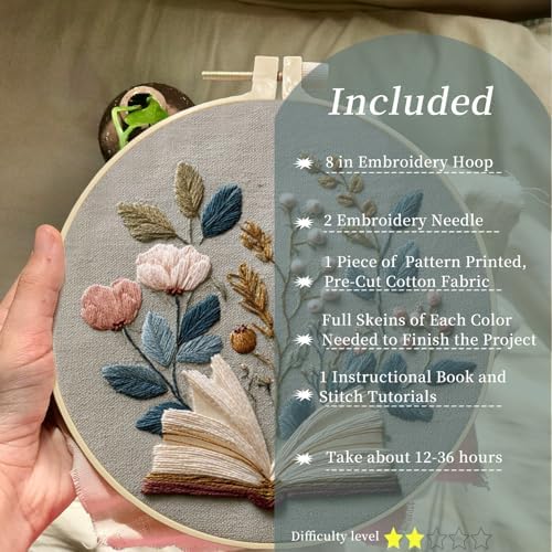 FONNUY Embroidery Kit for Beginners, Flower Book Pre-Stamped Pattern Kits for Adults with Hoop, Cross Stitch Easy to Follow Color Thread Needlework, 8'' Hoop (Brown) - Image 2