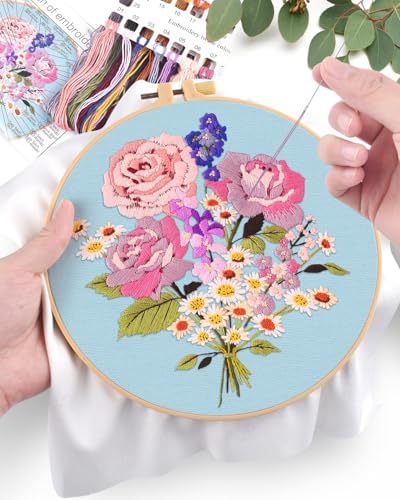 ERKOON Embroidery Kit for Beginners, Flower Cross Stitch Set for Include Embroidery Cloth Hoops Threads for Craft Lover Hand Stitch with Embroidery Skill Techniques (Bouquet) - Image 4