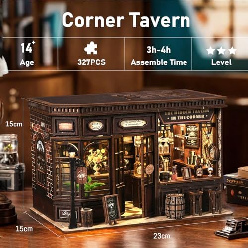 DIY Miniature House Kit, 3D Wooden Puzzle for Adults, Retro Corner Tavern Bar Model with LED Light & Furniture, Creative Roombox Building Set for Home Decor & Hobby Gift (Corner Tavern) - Image 2