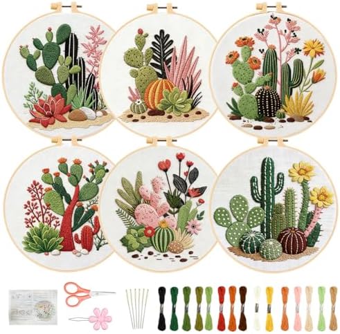FREEBLOSS 6 Sets Embroidery Kit for Beginners Needlepoint Embroidery Starter Kit with Cactus Stamped Patterns, Instructions, Colored Threads, 2 Hoops 11.6"/29.5cm by FreeandCreativeCraftsArt