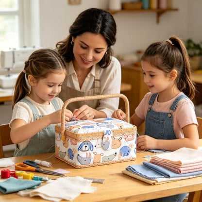 NOTIONSLAND Sewing Basket with Kits, Cute Sewing Box for Beginners, White, Animal Pattern - Image 6