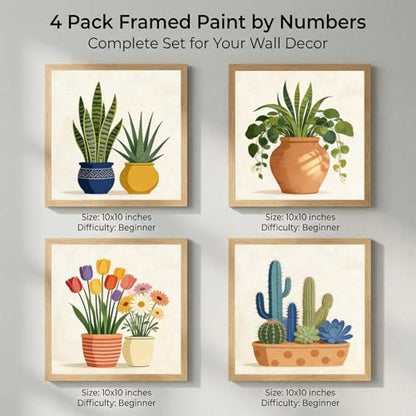 Amphol Framed Paint by Numbers Kit for Adults Beginners - 4 Pack 10”x10” Easy Plant Potted Paint by Number on Framed Canvas, DIY Small Frame Painting Arts with Acrylic Paints for Home Wall Decor Gift - Image 2