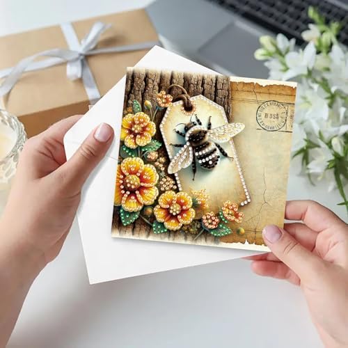 6Pcs Greeting Card DIY Diamond Art Painting Greeting Cards Special Shaped Holiday Blessing Folding Card Kit with Envelopes Arts Crafts for Birthday Festival-Bee - Image 3