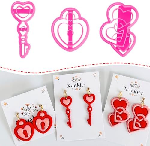 Xaekicr Heart Lock and Key Clay Cutters Set – 3PCS Polymer Clay Cutters for Earrings, Valentine’s Day Clay Earring Cutters, Polymer Clay Molds for Jewelry Making, Clay Tools by Xaekicr