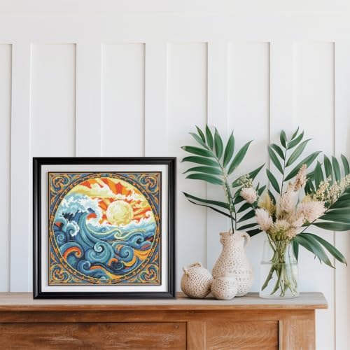 FREEBLOSS 11CT Stamped Cross Stitch Kits Sunrise&Waves Cross Stitch Wall Hanging Kit Complete Embroidery Kits with Instruction for Needlepoint Adults Wall Art Decoration 18 * 18in/45 * 45cm - Image 5