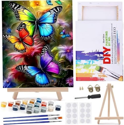 MaiMMaledy Paint by Numbers Kit for Adults Beginners with Framed Canvas Pictures Drawing Painting Acrylic Pigment with Wooden Triangle Easel 8Lx12W inch Colorful Butterfly by MaiMMaledy