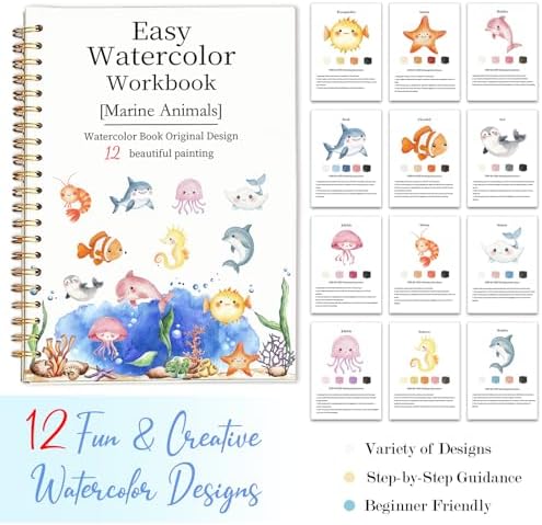 Easy Watercolor Workbook for Beginners - 12 Beautiful Step-by-Step Paintings Water Coloring Book, Includes 18 Colors Paints, Relaxing Art Projects and Creative Gift for Adults & Teen (Marine Animals) - Image 7