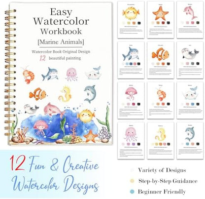 Easy Watercolor Workbook for Beginners - 12 Beautiful Step-by-Step Paintings Water Coloring Book, Includes 18 Colors Paints, Relaxing Art Projects and Creative Gift for Adults & Teen (Marine Animals) - Image 7